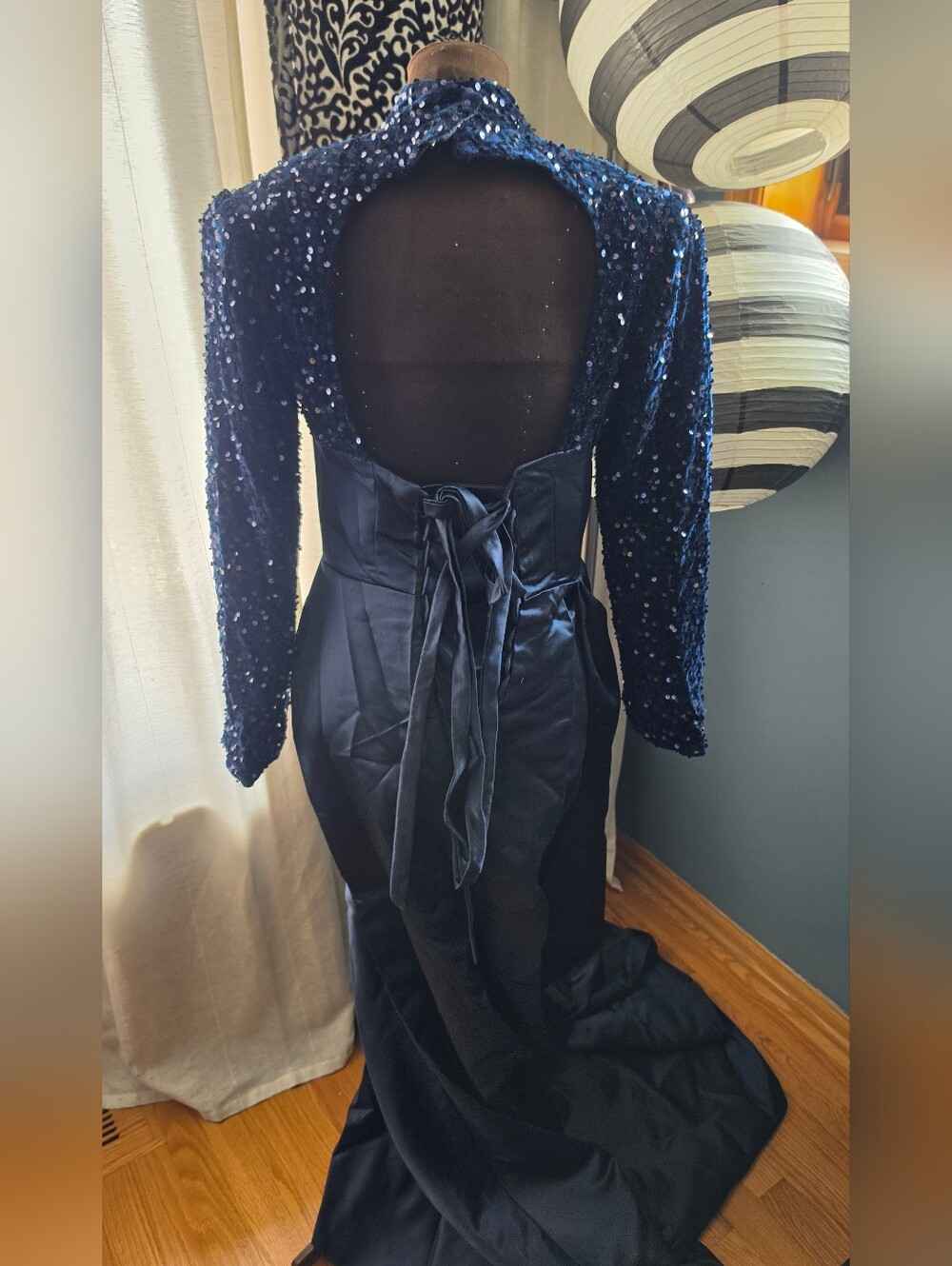 Navy Sequin Mermaid Open Back Evening Prom Dress